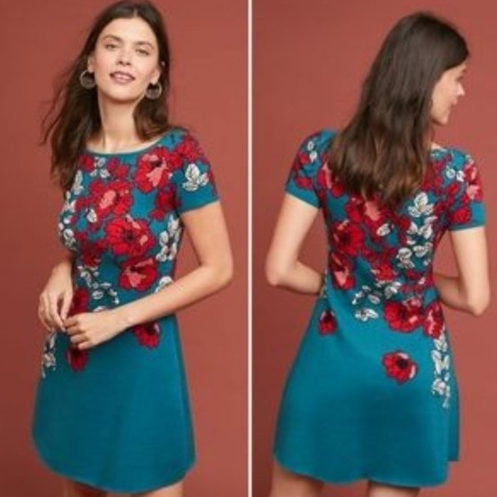 Maeve Anthropologie Allison Poppy Floral Short Sleeve Sweater Dress XS